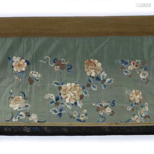 Green silk panel with Peking knot Chinese embroidered with peonies 63cm x 230cm overall