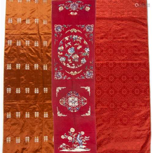 Three lengths of silk/fabric Chinese the first in a form of a runner embroidered with bats and