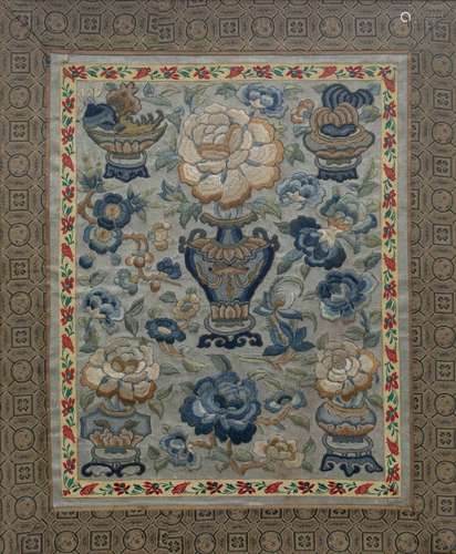 Peking knot panel Chinese 31cm x 24cm embroidered with a vase of flowers, two other framed Chinese