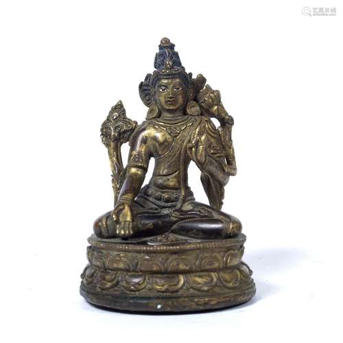 Bronze model of Buddha Tibetan depicted sitting cross legged with a single hand raised, the other