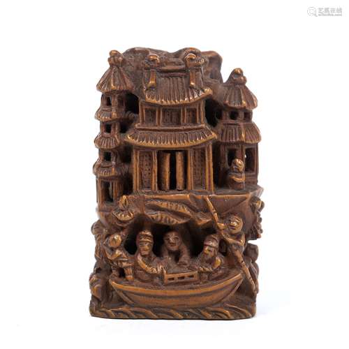 Pierced and carved wood seal style carving Chinese, 19th Century depicting a landscape in