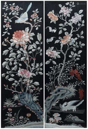 Pair of embroidered panels Chinese, 19th/20th Century decorated with flowers and birds, using Peking