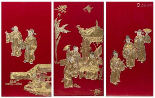 Three gold thread embroideries Chinese, 20th century all depicting figures in a pavilion 66.5cm x