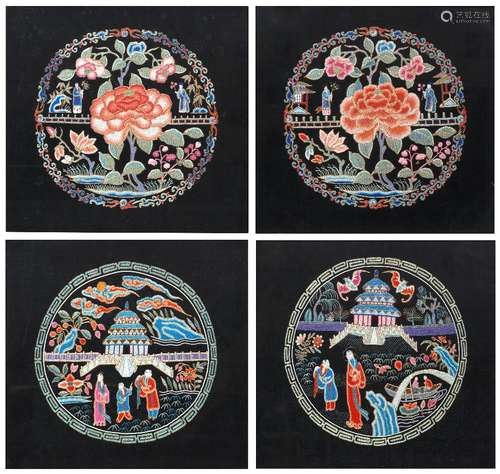 Four framed embroidered textiles Chinese, 20th Century each of circular shape depicting figures in a