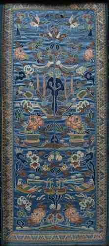 Embroidered panel Chinese, 19th/20th Century stitched depicting potted plants and flowers against