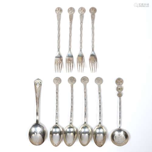 Group of export silver cutlery Chinese, 19th Century comprising of six spoons and four forks, all