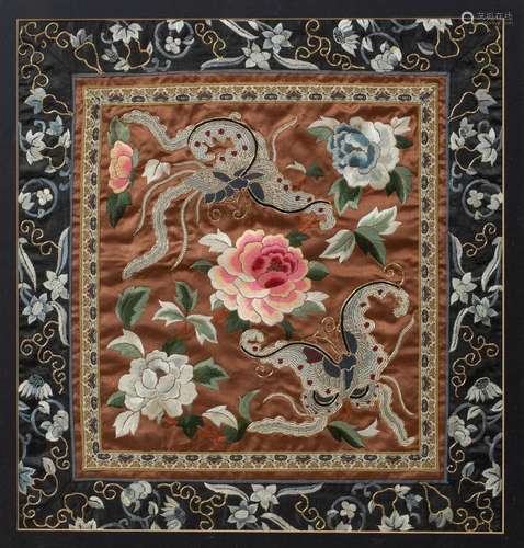 Pair of embroidered panels Chinese depicting butterflies and peonies. 45 x 43cm