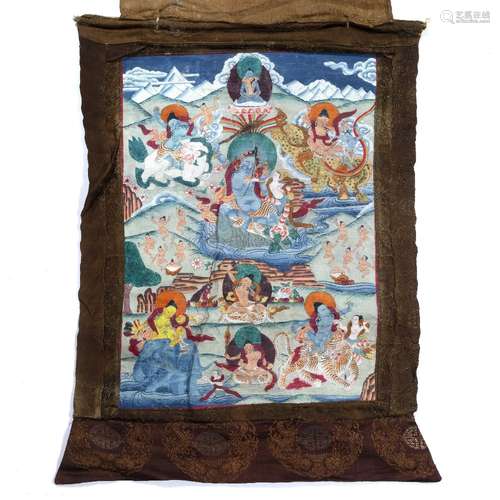 Painted thangka Tibetan with central deity surrounded by tigers, dragons and other deities 47cm x