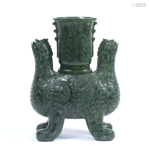 Spinach green jade double headed phoenix vessel Chinese, 19th/20th Century the vessel carved to each