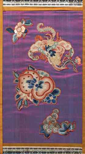 Peking knot panel Chinese,19th Century embroidered with peaches and auspicious subjects 39cm x 22.