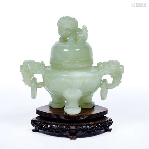 Green jade censer and cover Chinese, 19th Century with carved decoration to the centre, T'aoi