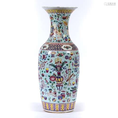 Large Canton turquoise ground vase Chinese, late 19th Century painted with '100 antiques' 63cm high