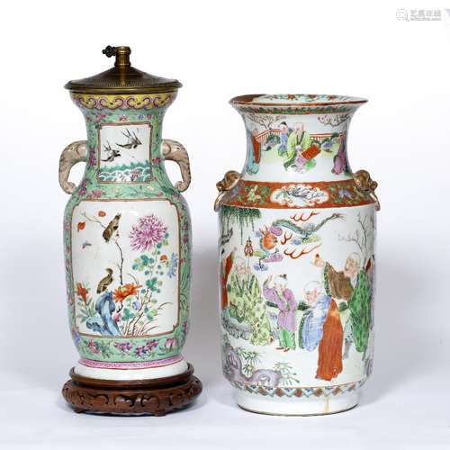 Two Canton vases Chinese, 19th Century one painted with Immortals, phoenix and other figures 36cm