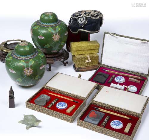 Group of pieces Chinese including a pair of green ground cloisonne vases and covers,17.5cm high, a