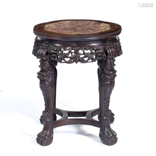 Hardwood jardiniere stand Chinese,19th Century inset with marble top and on carved supports 47cm