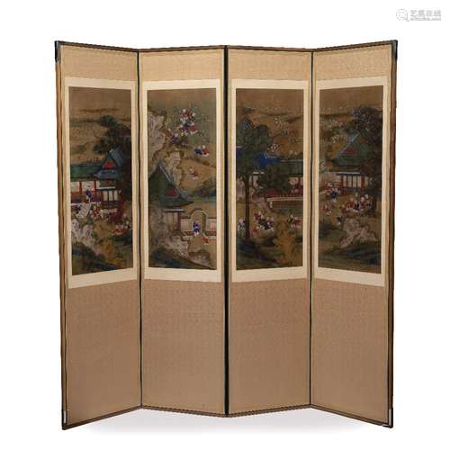 Four fold screen, Chinese, 20th Century painted with panels of children playing. overall 173cm x