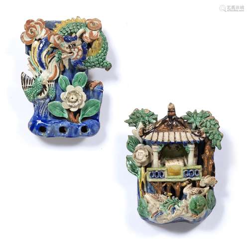 Two Swatow pottery wall pockets Chinese one in the form of a small terraced building with pond and