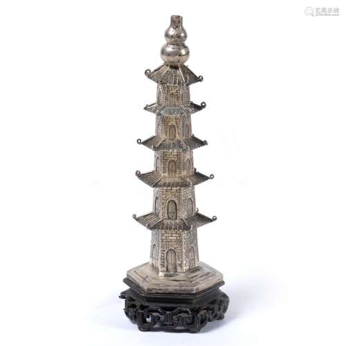 White metal model pagoda Chinese on a hardwood base 14.5cm high