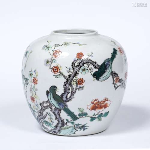 Famille verte ginger jar Chinese, 19th century decorated with birds sitting on a branch 17.5cm high