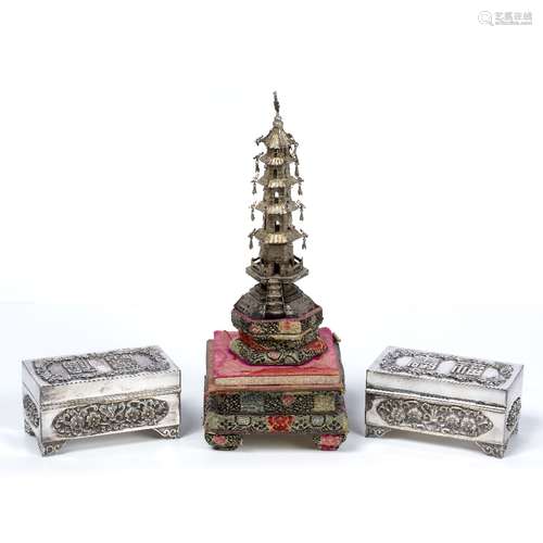 Collection of silver Chinese, 20th Century to include a pagoda, with hanging ornaments to the