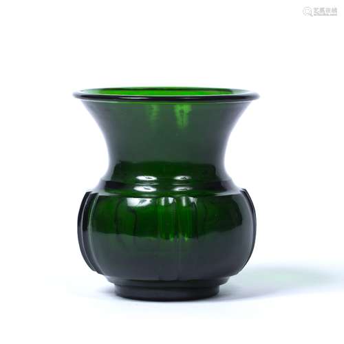 Peking green glass vase Chinese, 19th Century of Hu form, the body moulded with indented lines