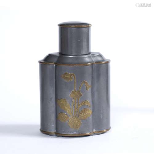 Pewter tea caddy Chinese, 19th/20th century of ribbed form, decorated with brass floral overlay 15cm