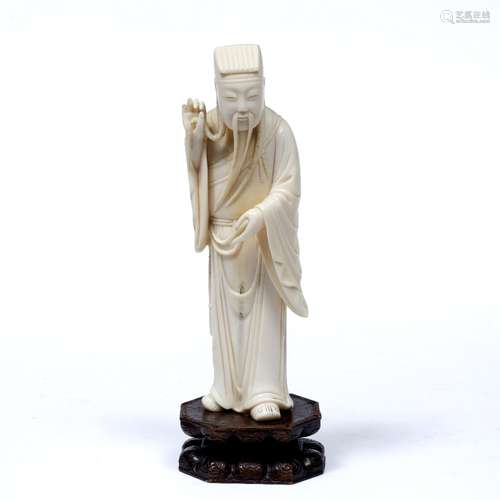 Ivory carved Immortal Chinese, circa 1900 on a hardwood carved base 16.5cm high