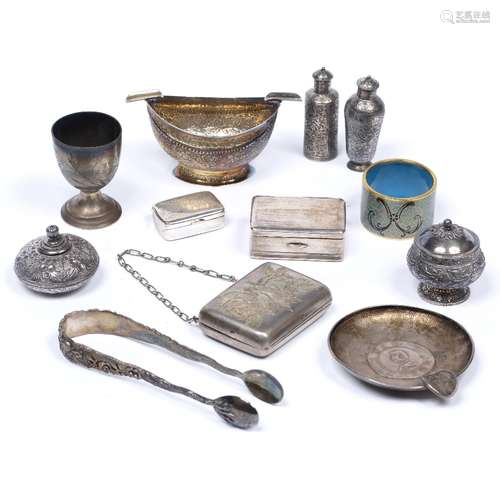 Collection of silver Chinese to include a dish mounted with a Chinese coin, sugar tongs with