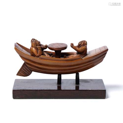 Bamboo carving of three Daoist figures Chinese aboard a boat seated around a circular table