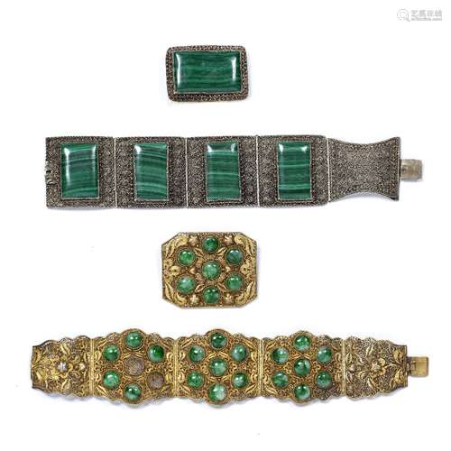 Gilt white metal hardstone panel bracelet and matching brooch Chinese with scrolling foliate