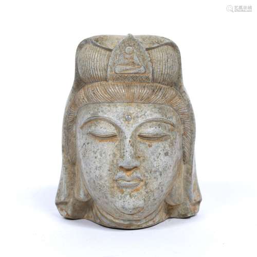 Speckled grey stone head of Guanyin Chinese with head robe and seated Buddha ornament on stepped