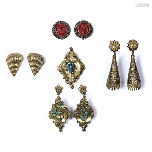 Collection of antique earrings Chinese to include a pair of cinnabar lacquer clip on earrings