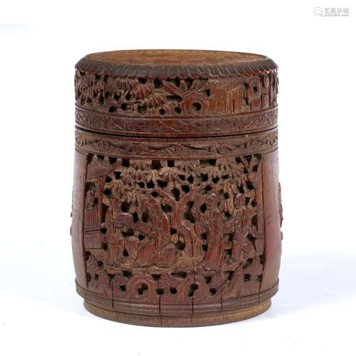 Bamboo cylindrical container Chinese, 19th Century carved with panels of scholars and phoenix 13.5cm