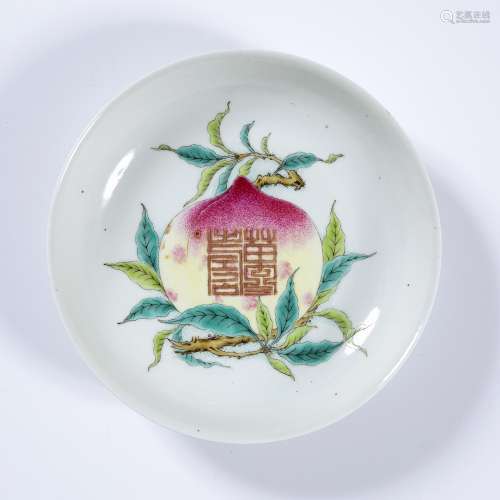 Famille rose saucer shaped porcelain bowl Chinese decorated with a large peach framed within