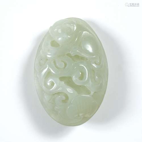 White jade pebble Chinese pierced and carved as an ovoid pendant with a monkey holding a trailing