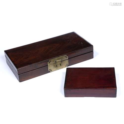 Hardwood, possibly Zitan rectangular box Chinese 34cm x 18cm and ink stone in a wood box, 18.5cm x