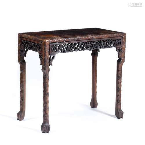 Hardwood carved table Chinese, 19th Century with foliate frieze carved with birds and blossom 93cm