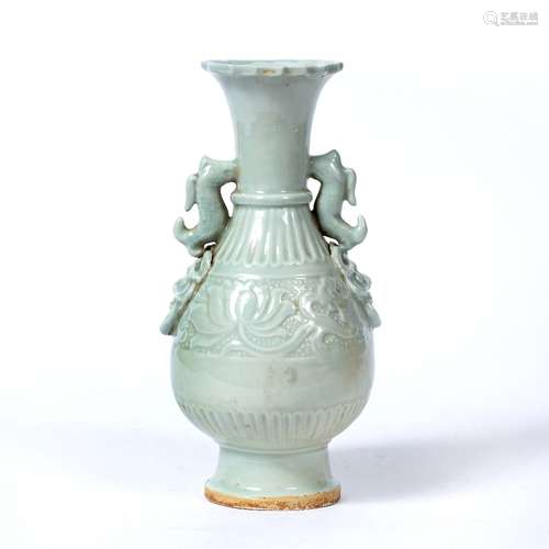 Celadon vase Chinese moulded decoration to the body depicting flowers with two dragon handles 24cm