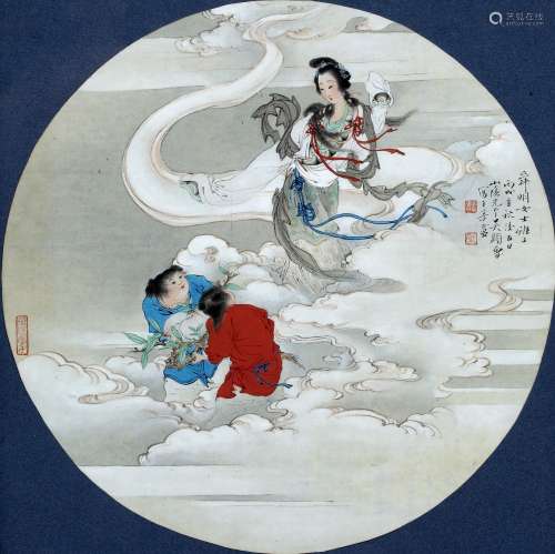Chinese School Guanyin, framed circular scroll, ink on paper with artists seal marks 30cm x 30.5cm