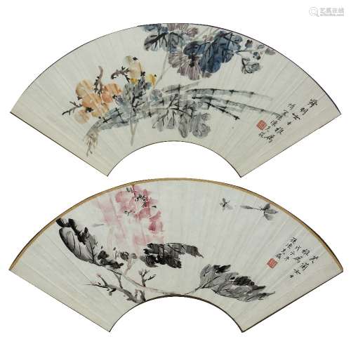 Pair of fan studies Chinese, 20th Century signed Sun Chen Ke, ink on paper, depicting flowers,