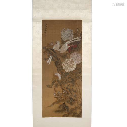 Lu Zhi (1496-1576) also known as Bao Shanzi Chinese scroll painting of chrysanthemums and birds