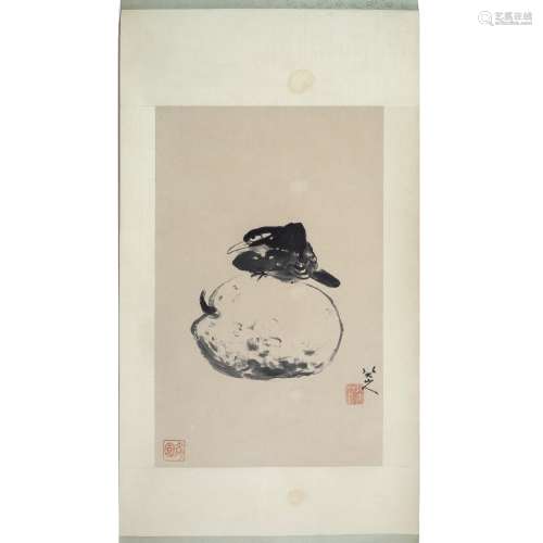 After Zhu Da (1626-1705) bird sitting on a melon, hanging scroll, ink on paper 29cm x 39cm