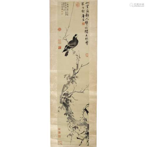 After Tang Yin (1470-1523) myna on a withered branch, hanging scroll, ink on paper, seal in white