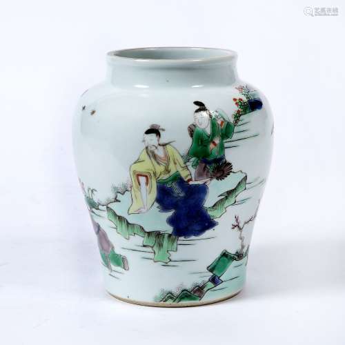 Famille verte vase Chinese,19th Century painted in enamels with figures beside a pond with lily pads