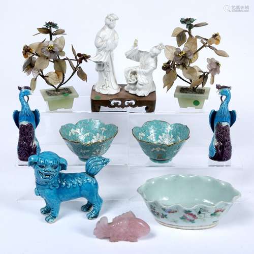 Group of pieces Chinese, 19th/20th Century including two blanc de chine models on a hardwood stand