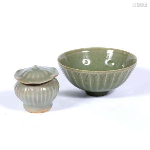 Longquan bowl Chinese, Southern Song style with leaf moulding 14cm high and a small lotus Longquan