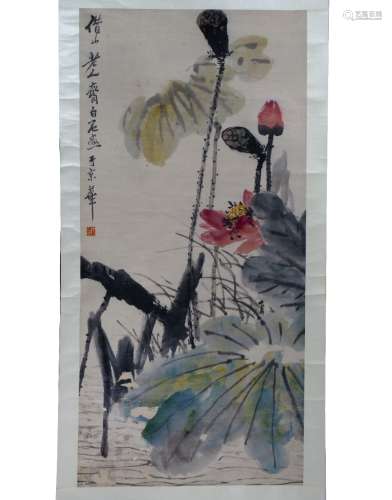 Four scrolls Chinese variously painted with lotus flowers, hawks and calligraphy, one bears the seal