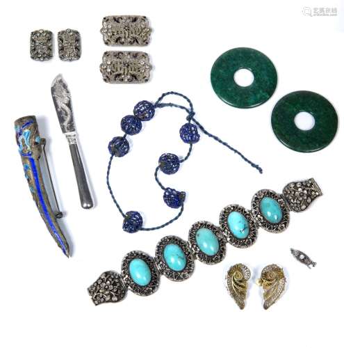 Embroidered jewellery case Chinese containing assorted Chinese jewellery, two jadeite bi discs and a