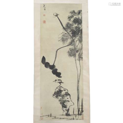 After Zhu Da (1626-1705) lotus flower, hanging scroll, ink on paper 125cm x 45cm Provenance -