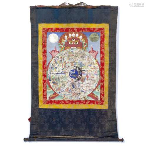 Thangka Tibetan, 19th/early 20th Century in the form of a mandala with traditional silk panelled